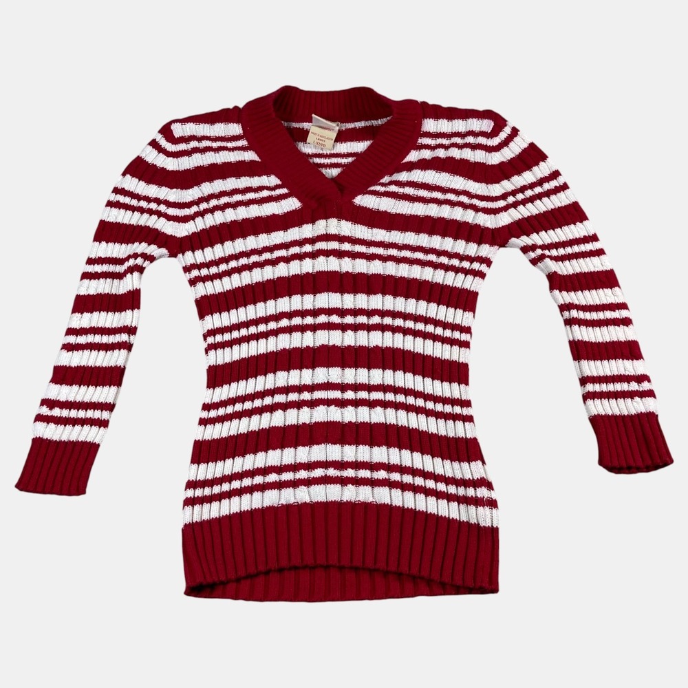Faded Glory Red White Striped V-Neck Pullover Sweater Casual Cozy Size Large